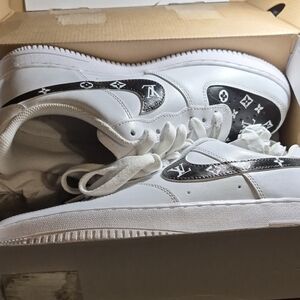 Handmade Lv Nike White and Black Athletic Shoes